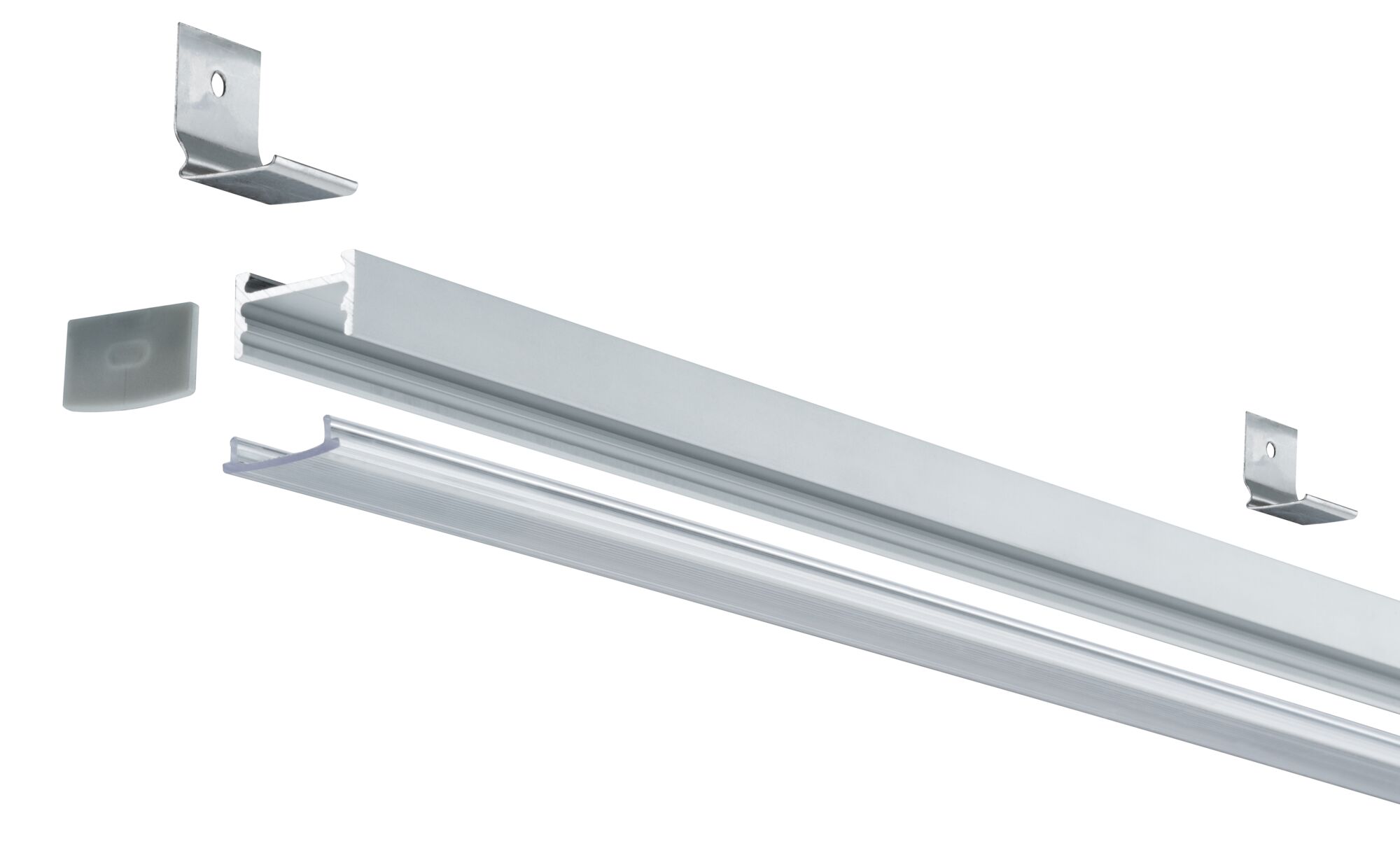 Silver aluminum LED profile with diffuser and mounting clips for LED strip lighting.