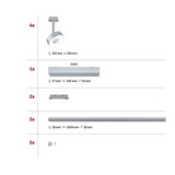 Silver LED track light with 4 spotlights and accessories in various sizes for flexible lighting.