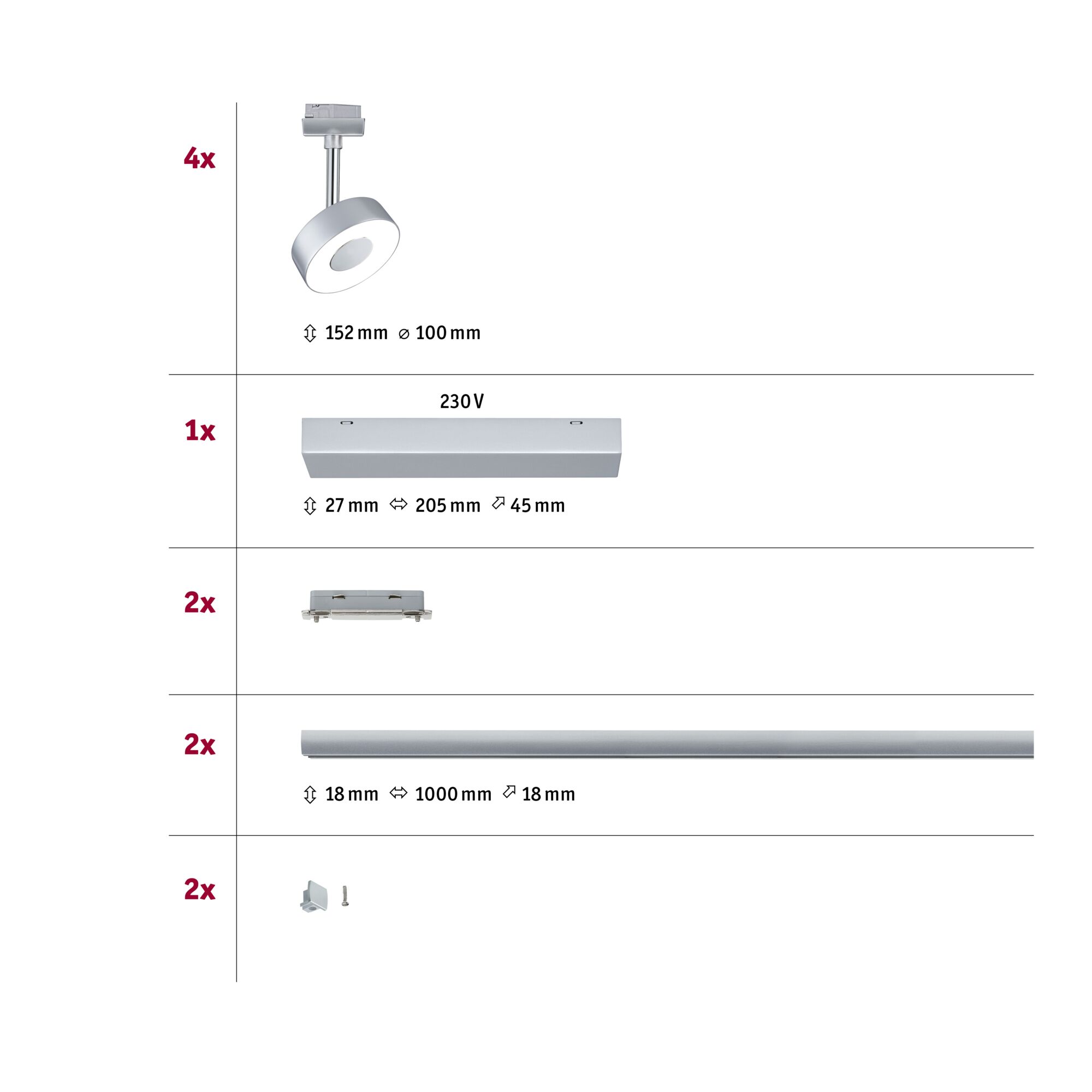 Silberne LED-Schienenleuchte mit 4 Spots und Zubehör in verschiedenen Größen für flexible Beleuchtung.