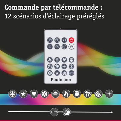 Télécommande blanche avec 12 scénarios d’éclairage préréglés et icônes pour contrôle de lumière et changement de couleur