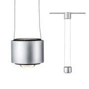 Moderner silberner Aluminium-Pendelleuchte mit LED-Licht und dünnen Stahlseilen für Wohnräume