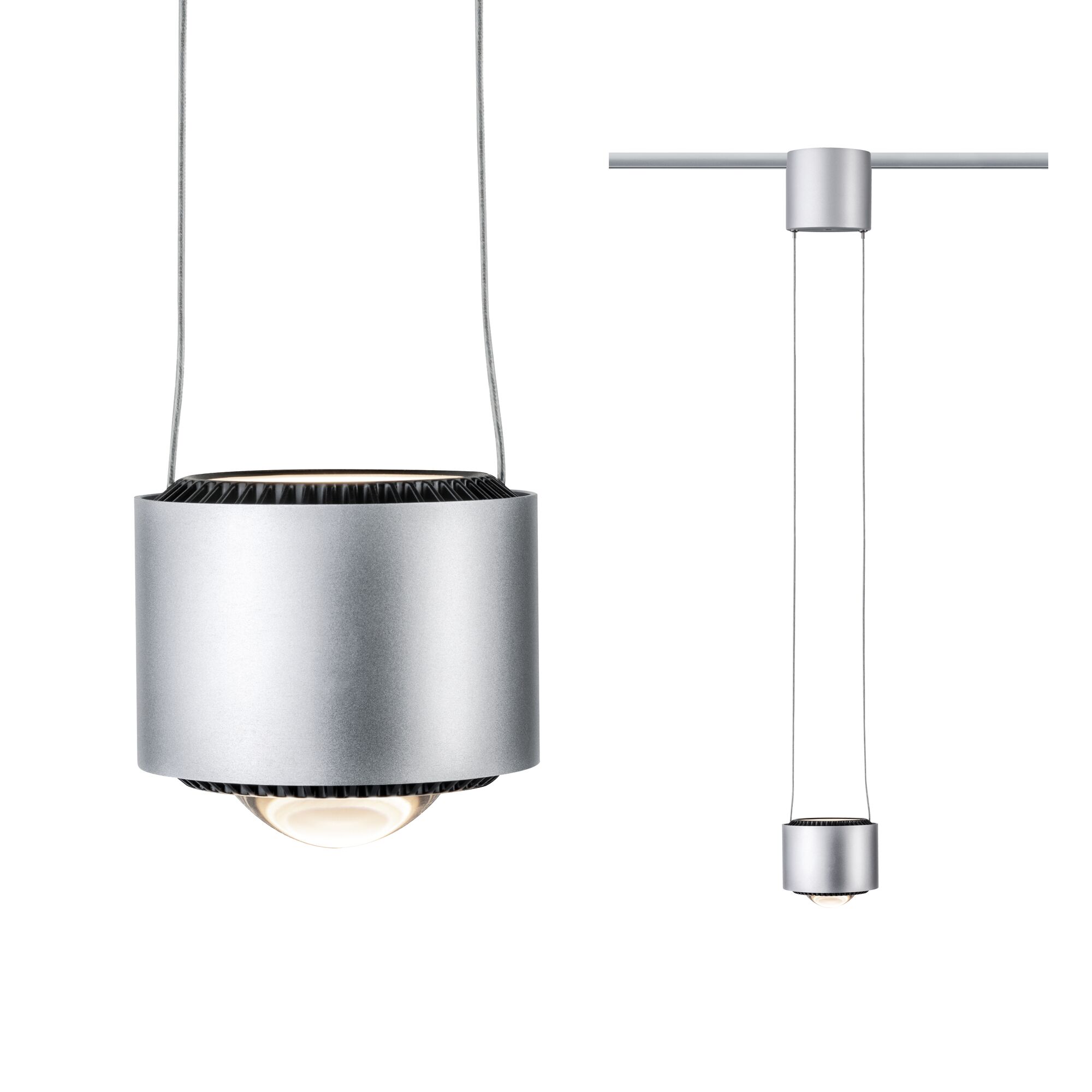 Moderner silberner Aluminium-Pendelleuchte mit LED-Licht und dünnen Stahlseilen für Wohnräume
