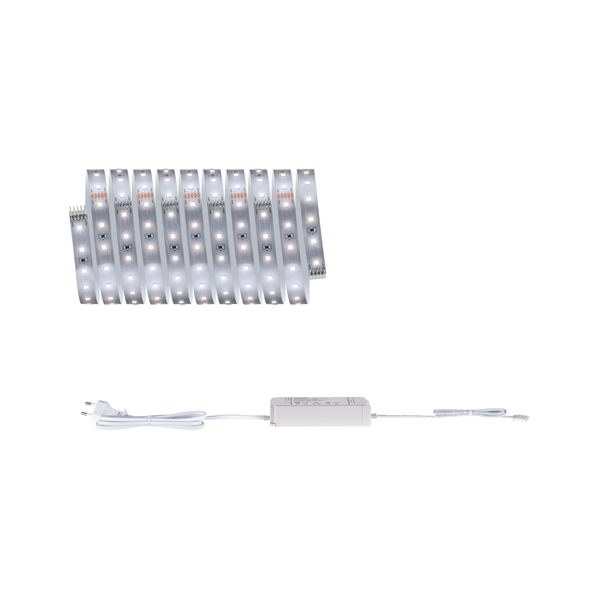 Flexible white LED strip with power supply for modern indoor lighting and energy-efficient light solution