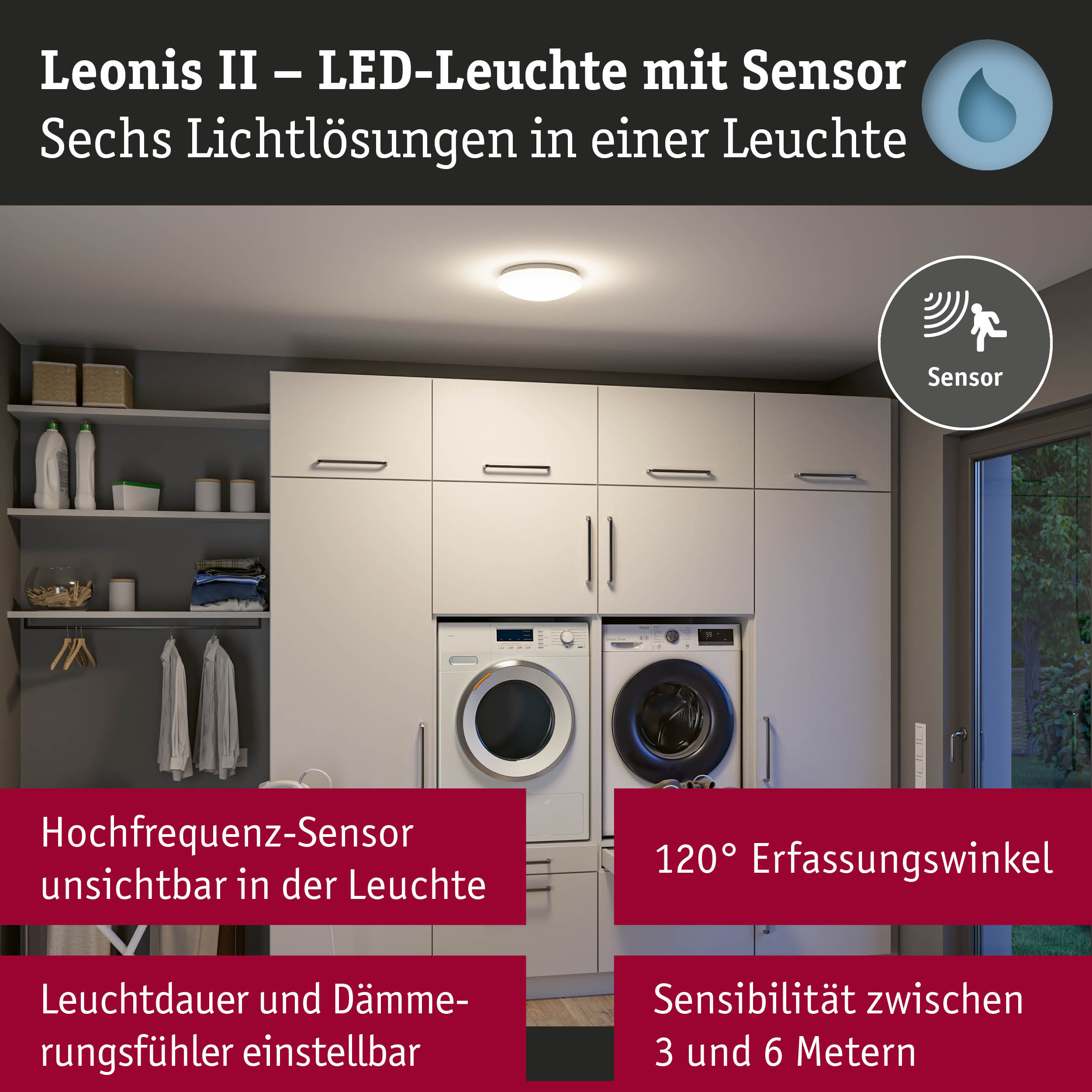 Leonis II LED-Deckenleuchte mit Sensor in Weiß, 120° Erfassungswinkel, einstellbare Sensibilität und Leuchtdauer