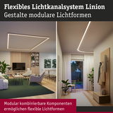 Flexibles Lichtkanalsystem Linion mit modularen LED-Leisten in modernem Wohnzimmer und Flur.