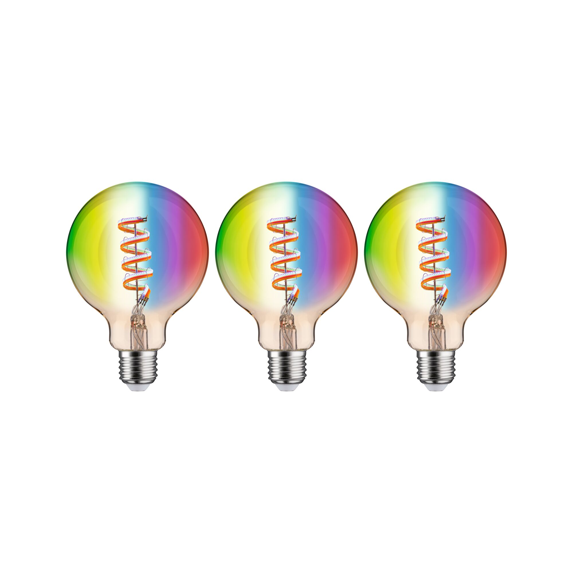 Three colorful LED bulbs with spiral filament and rainbow hues for decorative lighting