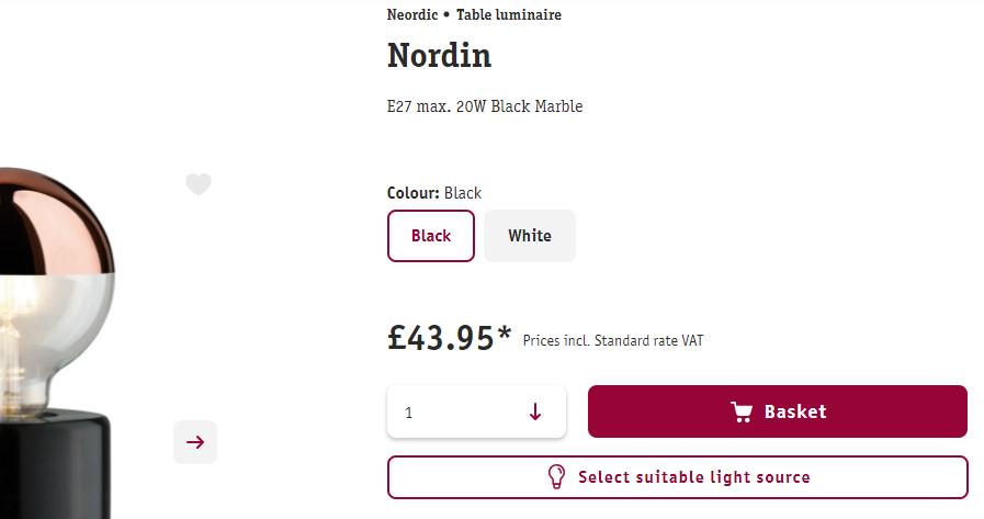 Black Nordin marble table lamp with E27 socket, fits 20W bulbs, modern lighting for home or office