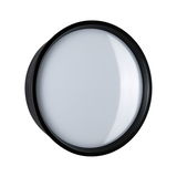 Rund loftlampe med sort ramme og hvid plastdiffuser til moderne indendørs belysning