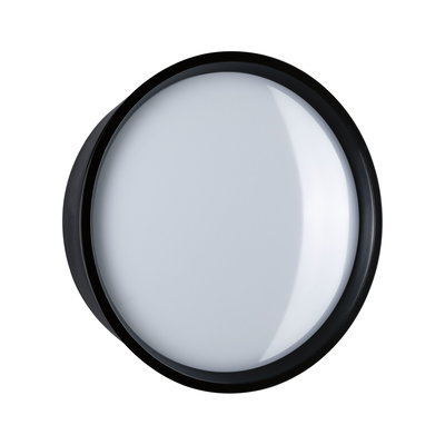 Round ceiling light with black frame and white plastic diffuser for modern indoor lighting solutions