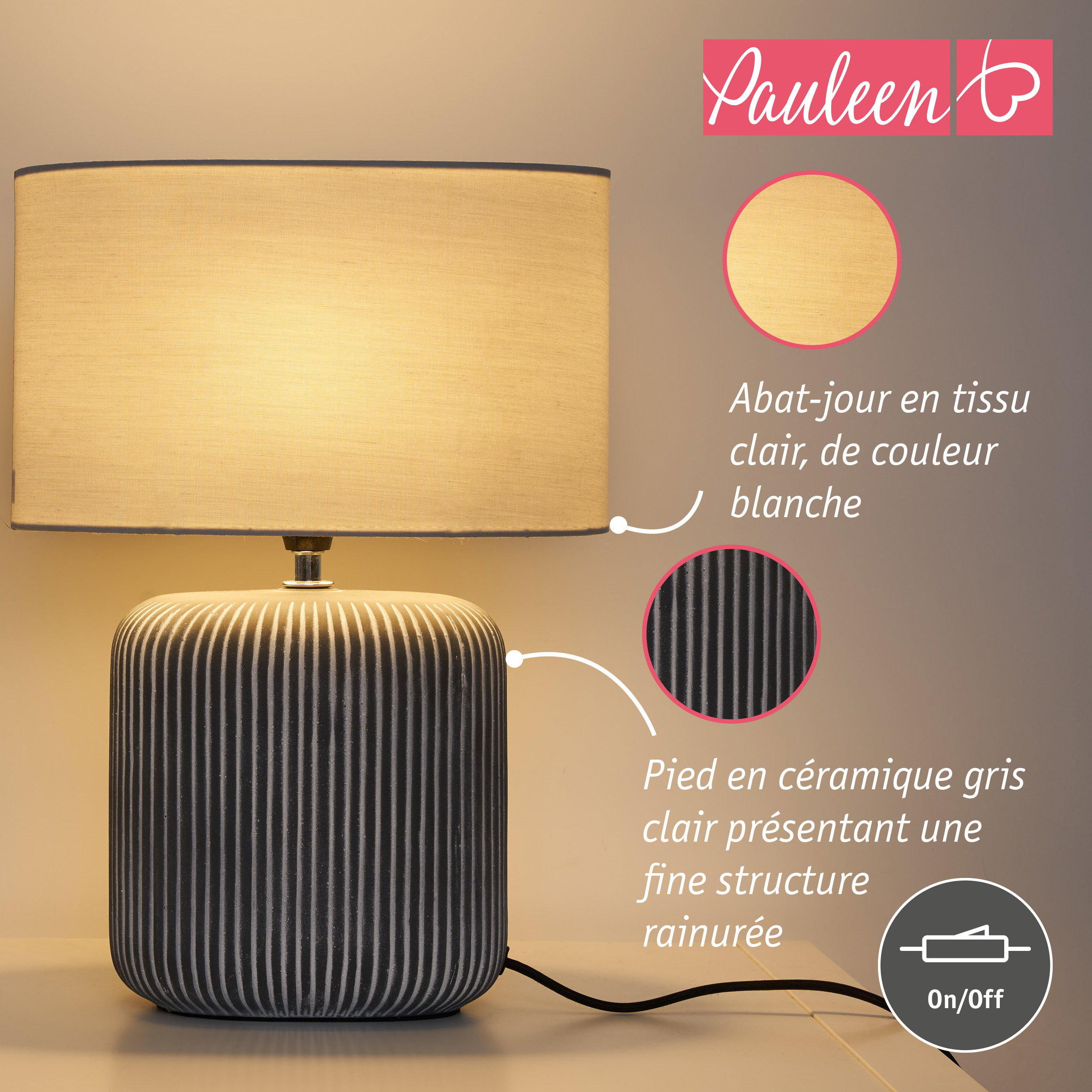 Paulmann Pauleen Lampe à poser Pure Shine E14 max. 20W Gris clair/Gris/Blanc