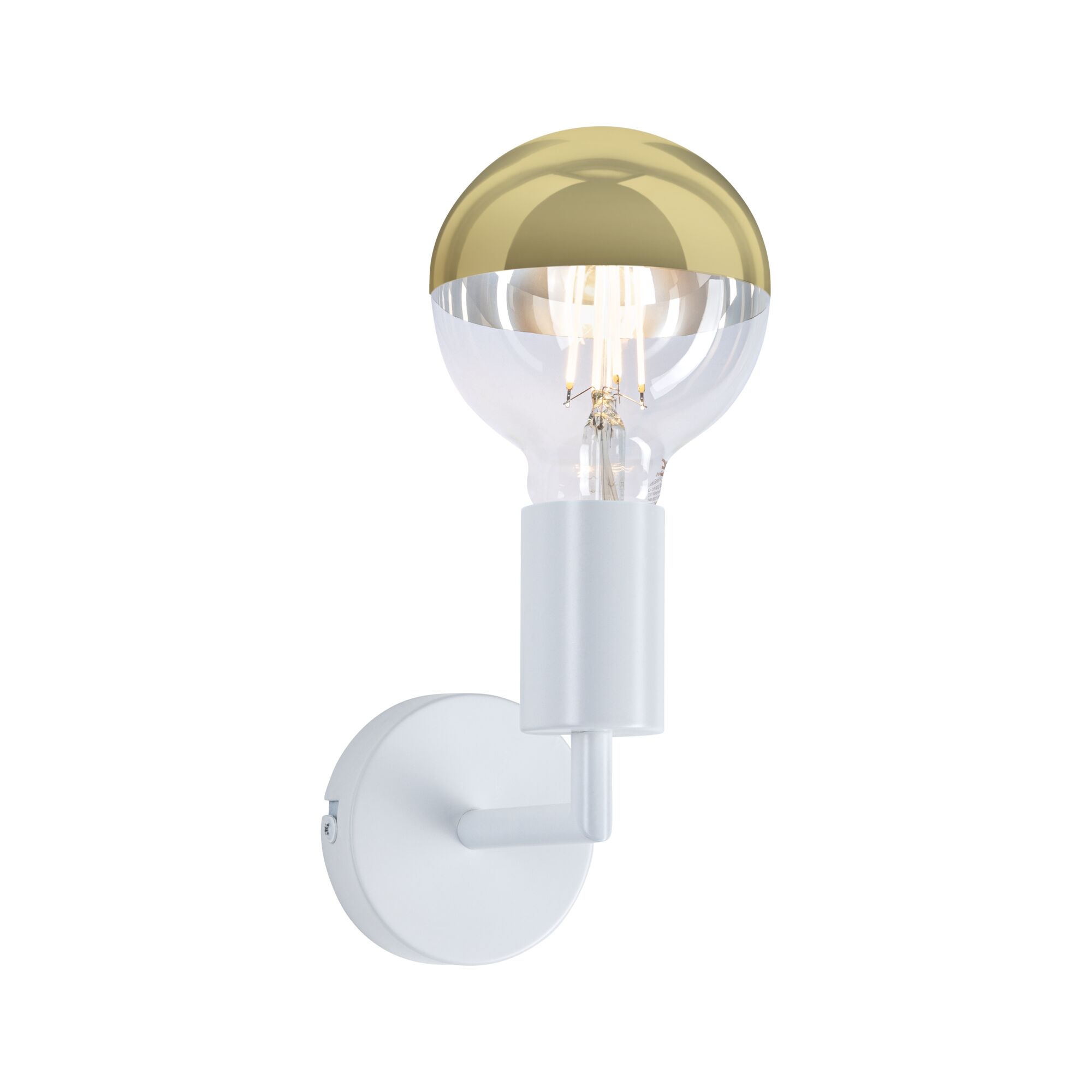 Modern wall lamp with white metal base and half-globe bulb featuring a gold top finish