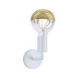 Modern wall lamp with white metal base and half-globe bulb featuring a gold top finish