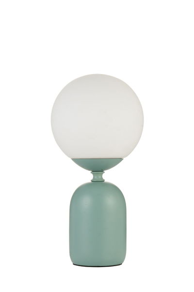 Lampe de table moderne avec globe en verre blanc et base en métal vert menthe mat pour un éclairage élégant