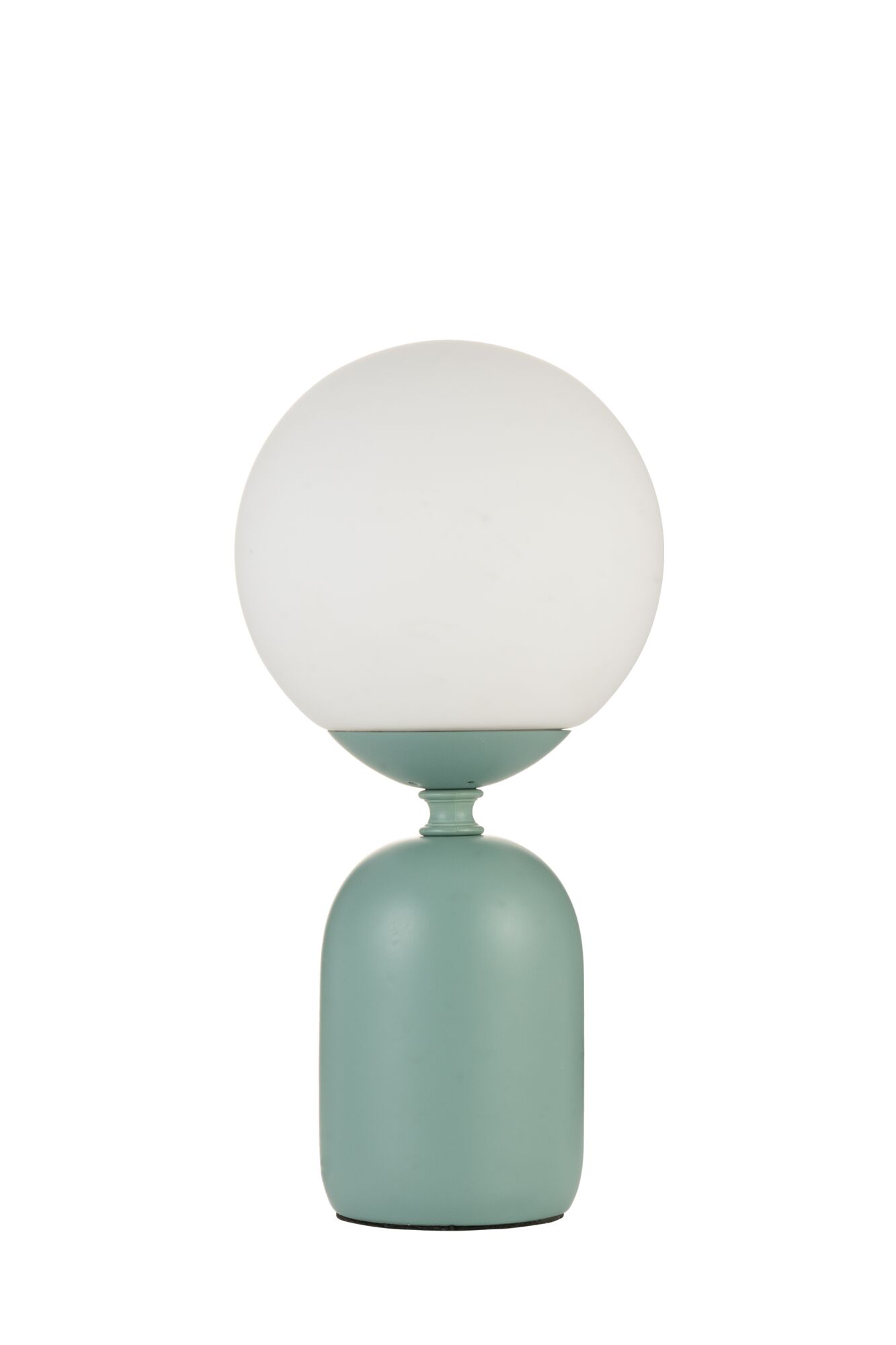 Modern table lamp with white glass globe and matte mint green metal base for stylish lighting