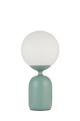 Moderne tafellamp met witte glazen bol en matte muntgroene metalen voet voor stijlvolle verlichting