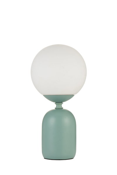 Moderne tafellamp met witte glazen bol en matte muntgroene metalen voet voor stijlvolle verlichting
