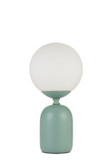 Lampe de table moderne avec globe en verre blanc et base en métal vert menthe mat pour un éclairage élégant