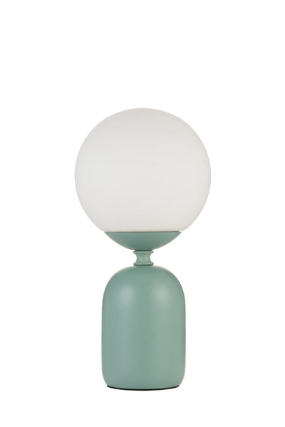 Lampe de table moderne avec globe en verre blanc et base en métal vert menthe mat pour un éclairage élégant
