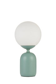 Modern table lamp with matte green metal base and white glass shade for stylish home lighting
