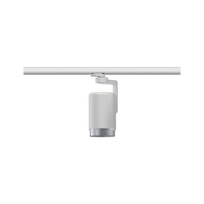 Moderner weißer LED-Strahler aus Metall an Schienensystem für flexible Raumbeleuchtung