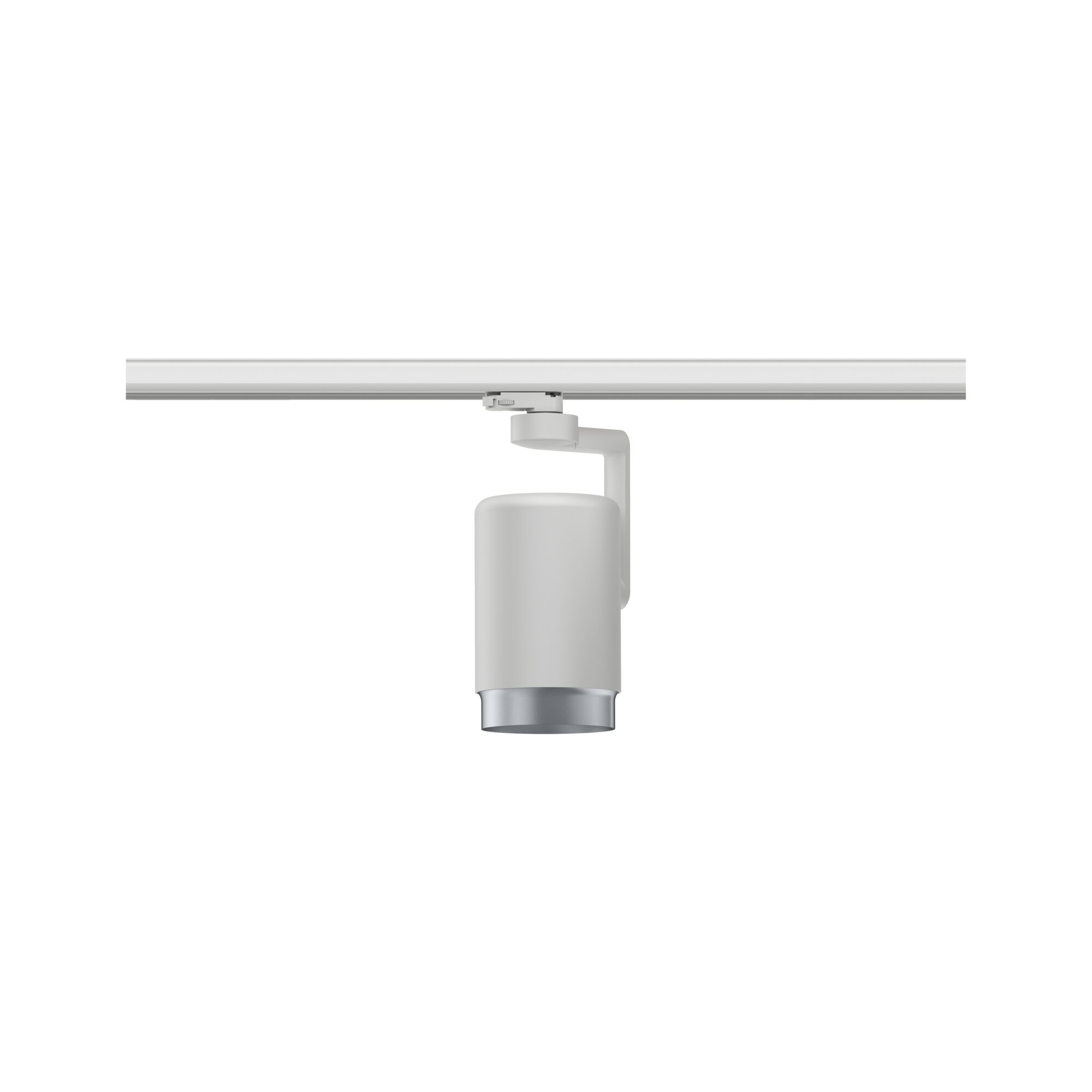 Moderner weißer LED-Strahler aus Metall an Schienensystem für flexible Raumbeleuchtung