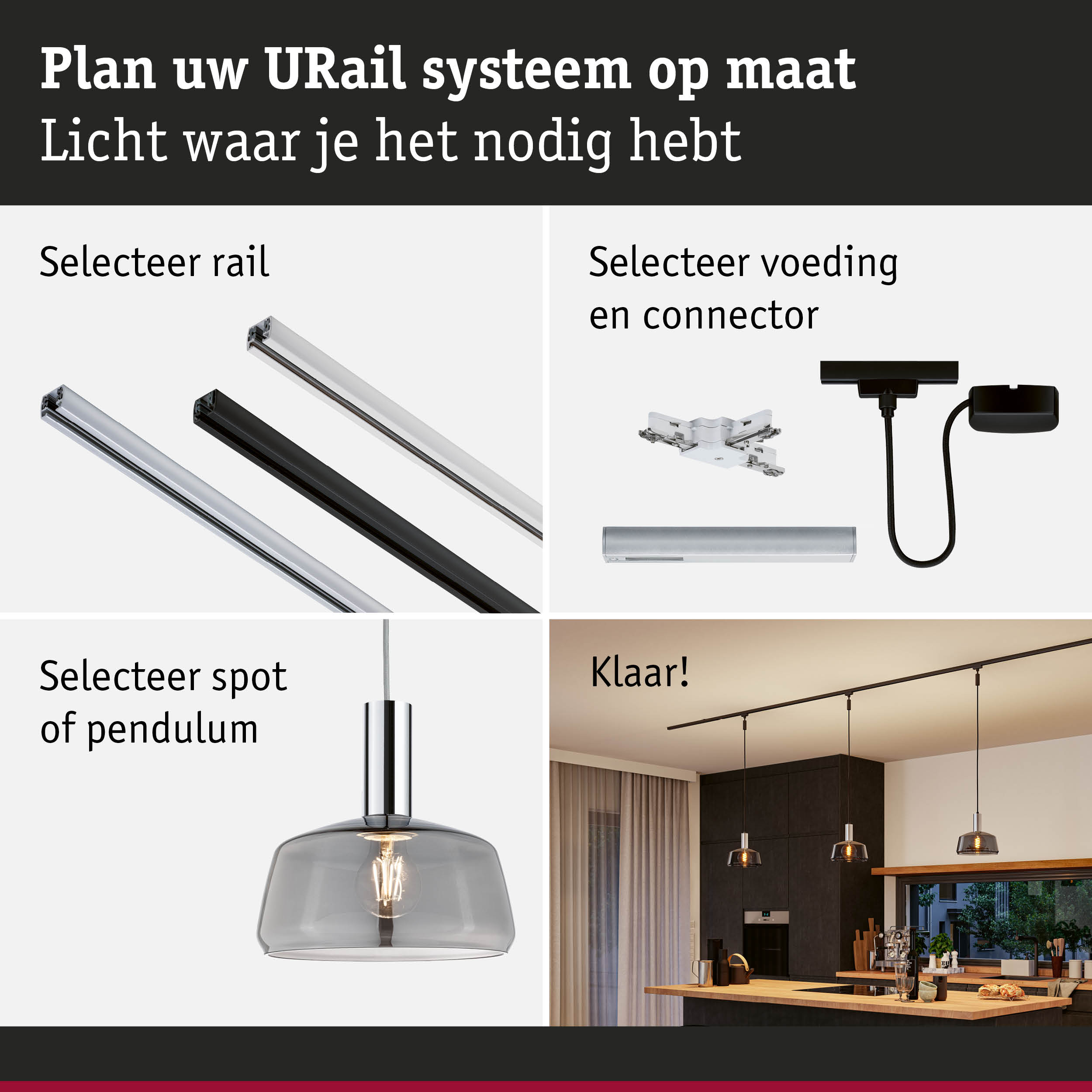 Modulair URail railsysteem met aluminium rails in zwart en wit voor flexibele verlichtingsoplossingen