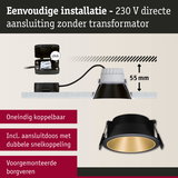 Zwarte inbouwspot met gouden reflector, 55 mm inbouwdiepte, eenvoudige 230 V directe aansluiting zonder transformator