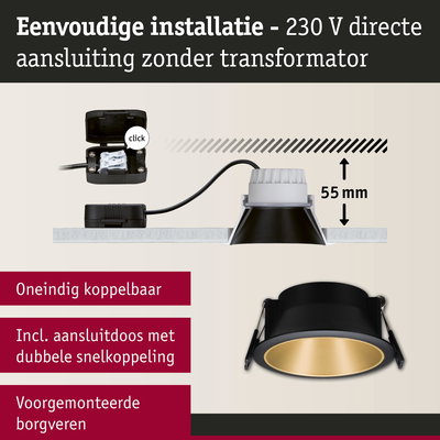 Zwarte inbouwspot met gouden reflector, 55 mm inbouwdiepte, eenvoudige 230 V directe aansluiting zonder transformator