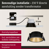 Zwarte inbouwspot met gouden reflector, 55 mm inbouwdiepte, eenvoudige 230 V directe aansluiting zonder transformator
