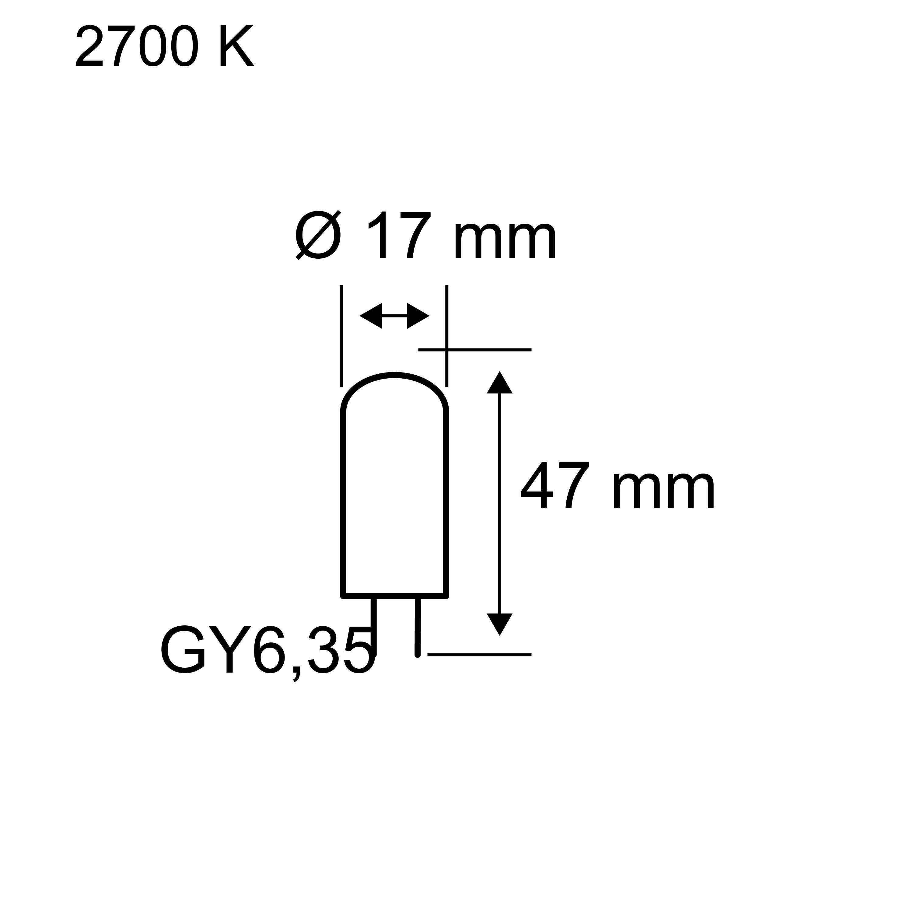 Technische tekening van GY6,35 LED-lamp met 17 mm diameter en 47 mm lengte, 2700 K warm licht