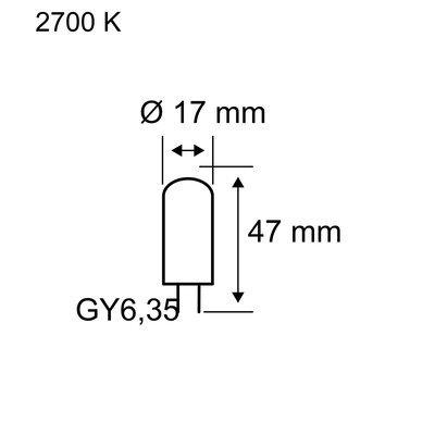 Technische tekening van GY6,35 LED-lamp met 17 mm diameter en 47 mm lengte, 2700 K warm licht