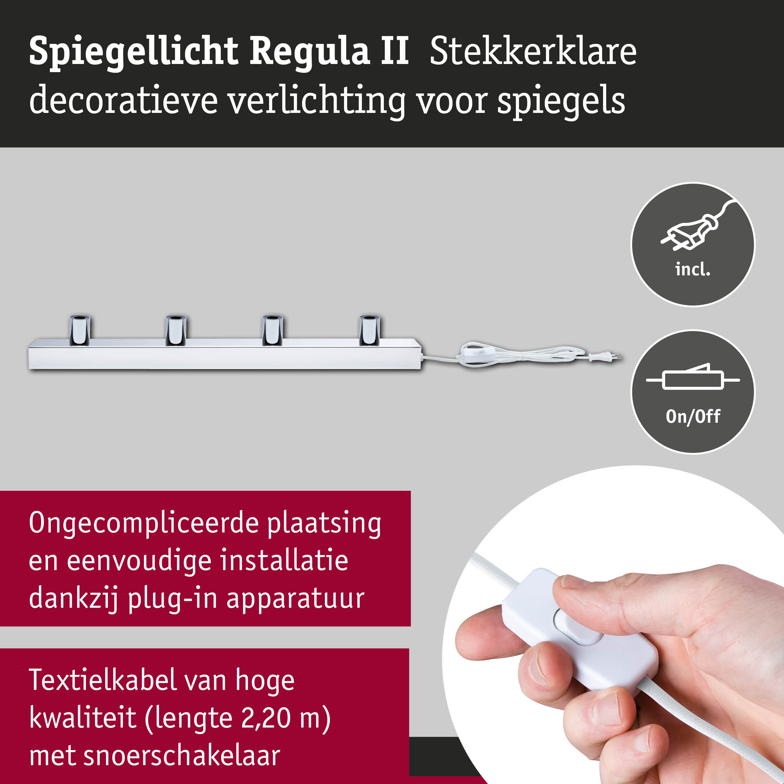 Chromen spiegelverlichting Regula II met textielkabel en aan-uit schakelaar voor badkamerspiegels