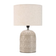 Lampe de table avec abat-jour en tissu crème et pied en céramique grise à motif floral pour intérieur