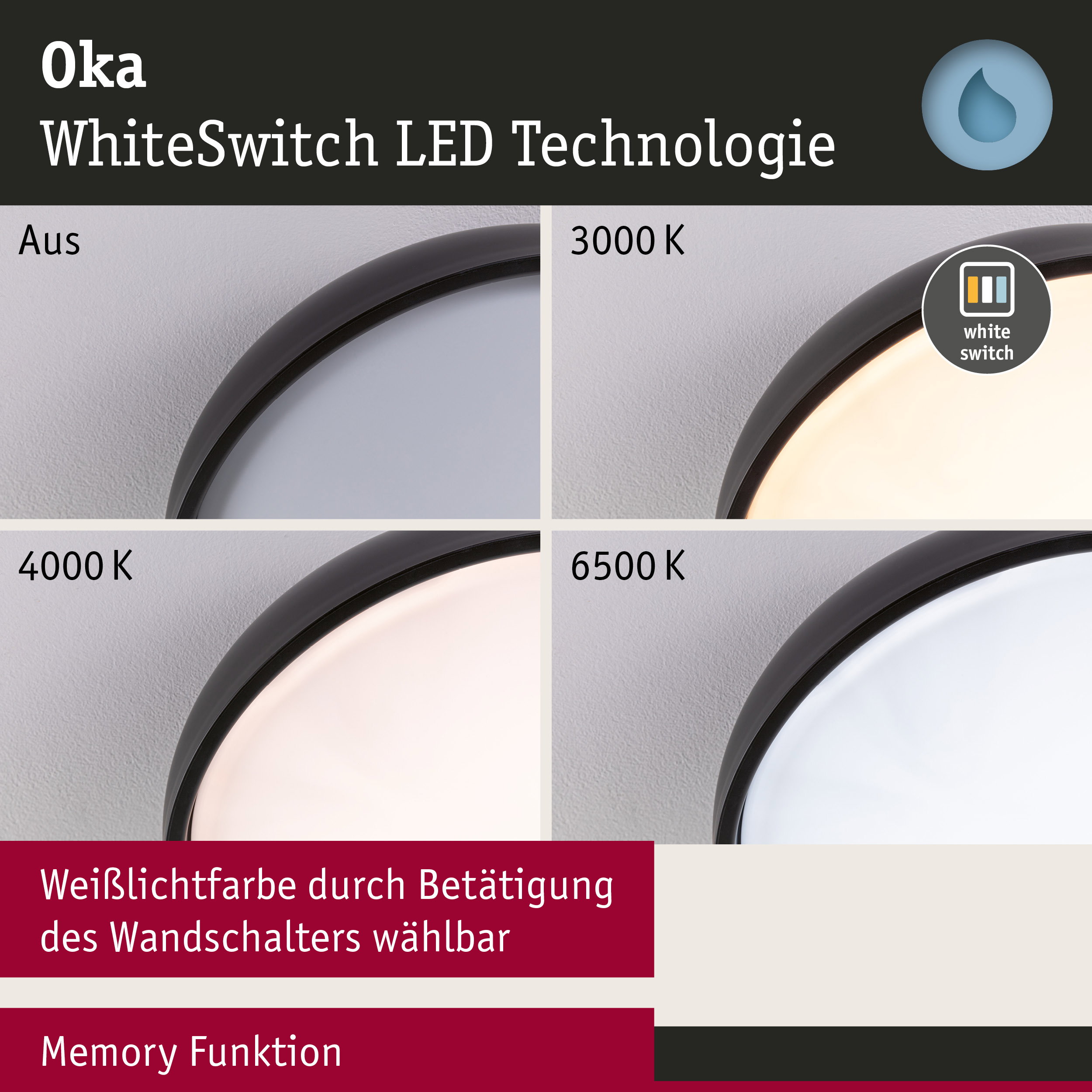 Vier LED-Leuchten mit WhiteSwitch-Technologie zeigen verschiedene Weißlichtfarben von 3000K bis 6500K.