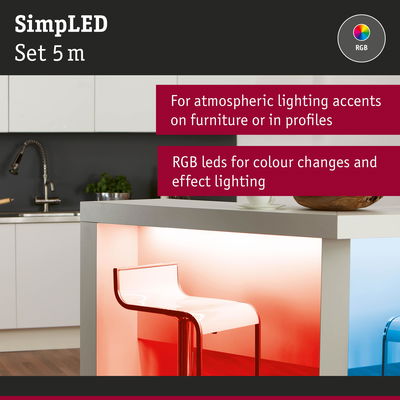 SimLED 5m RGB LED strip for atmospheric lighting accents on furniture and colour effects