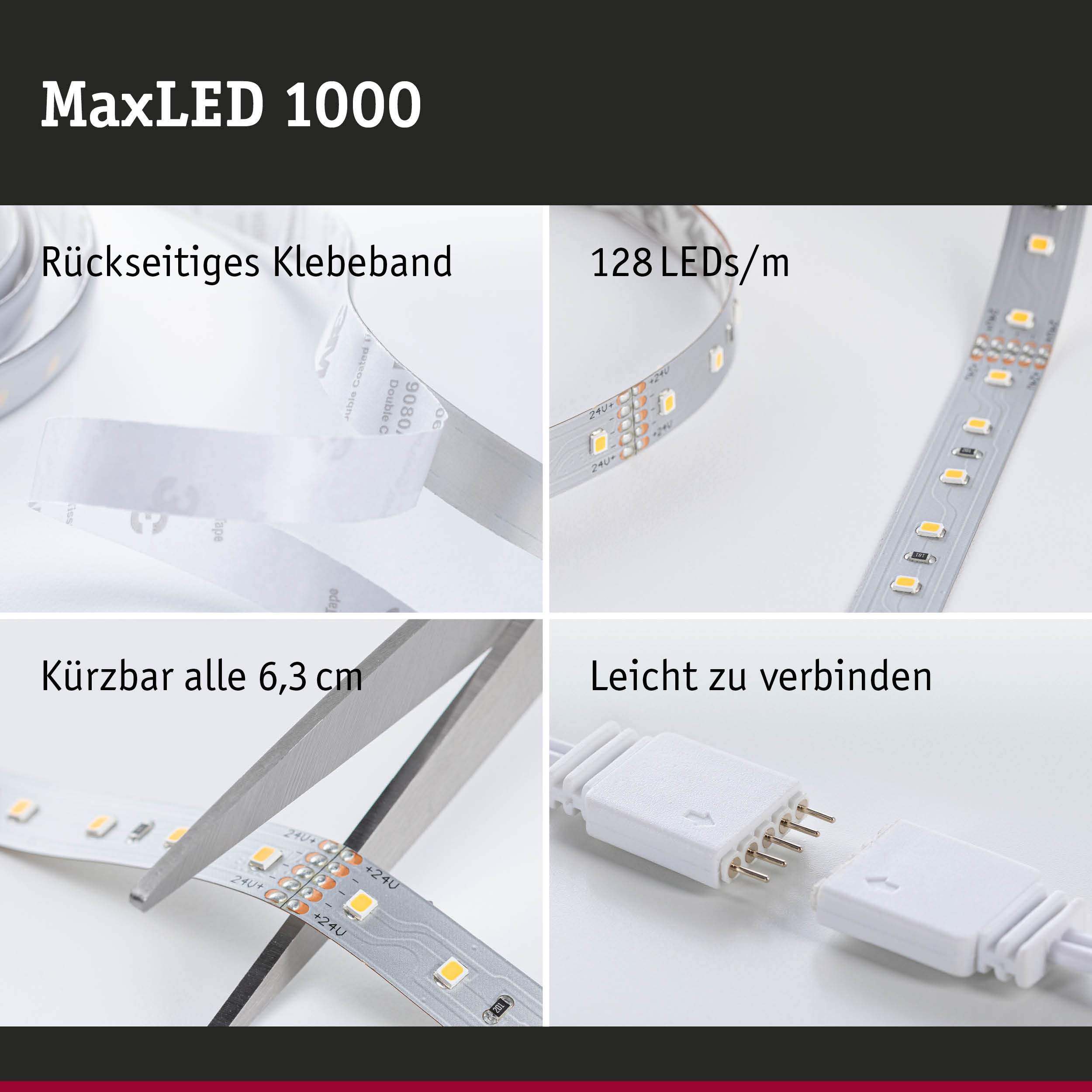 MaxLED 1000 LED-Lichtband mit rückseitigem Klebeband, 128 LEDs/m, kürzbar und leicht verbindbar