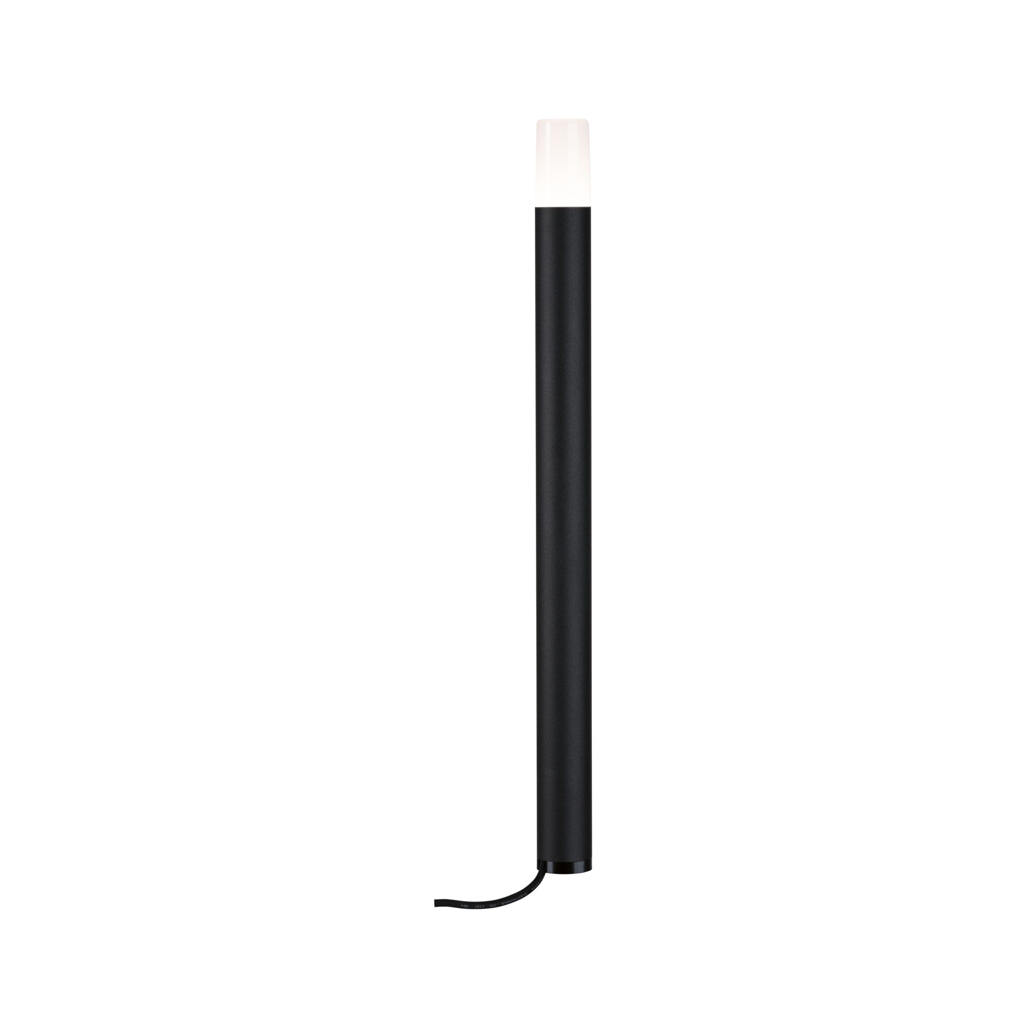 Black LED outdoor light with white diffuser and cable, modern design for garden lighting