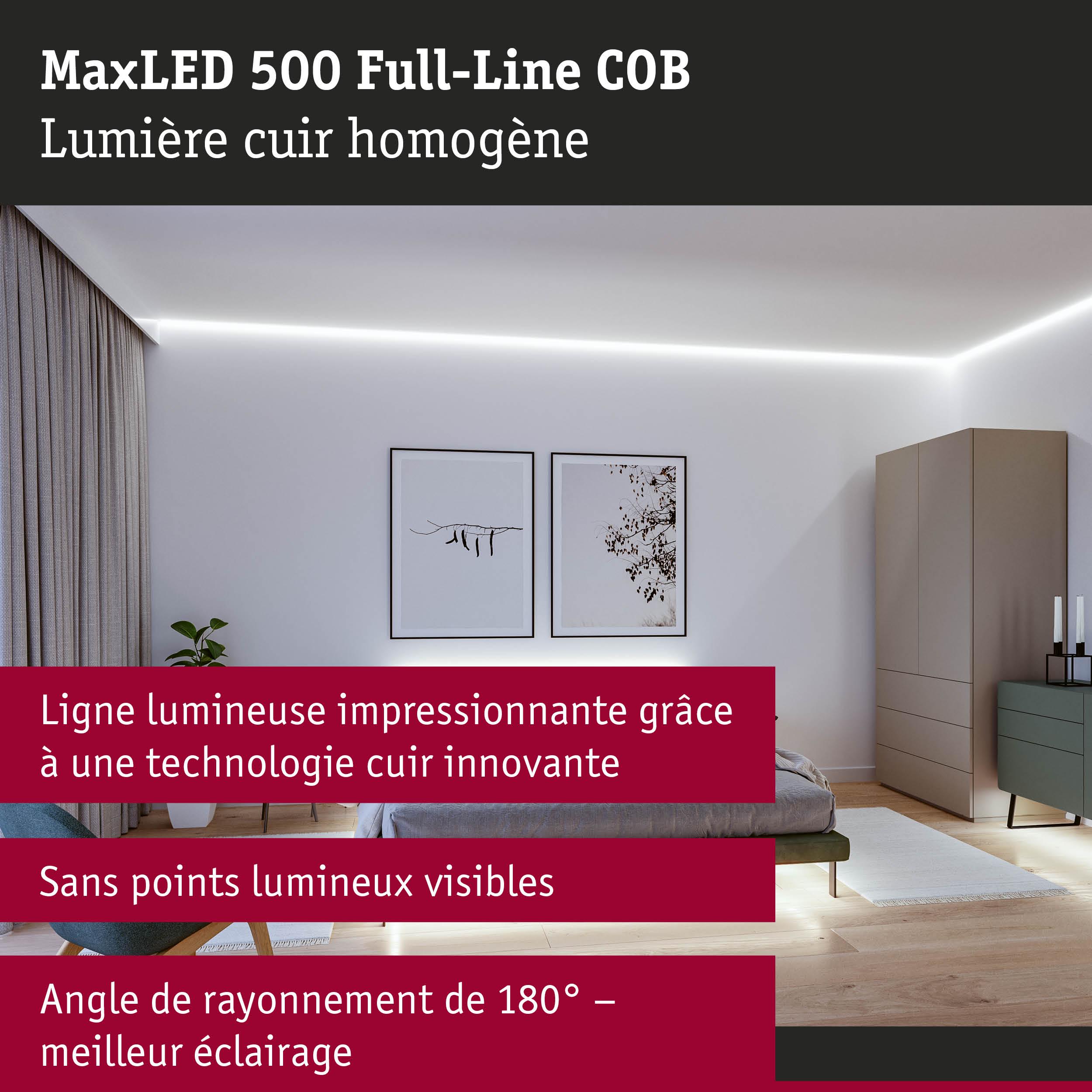 Chambre moderne avec bande lumineuse LED MaxLED 500 Full-Line COB blanche pour un éclairage homogène