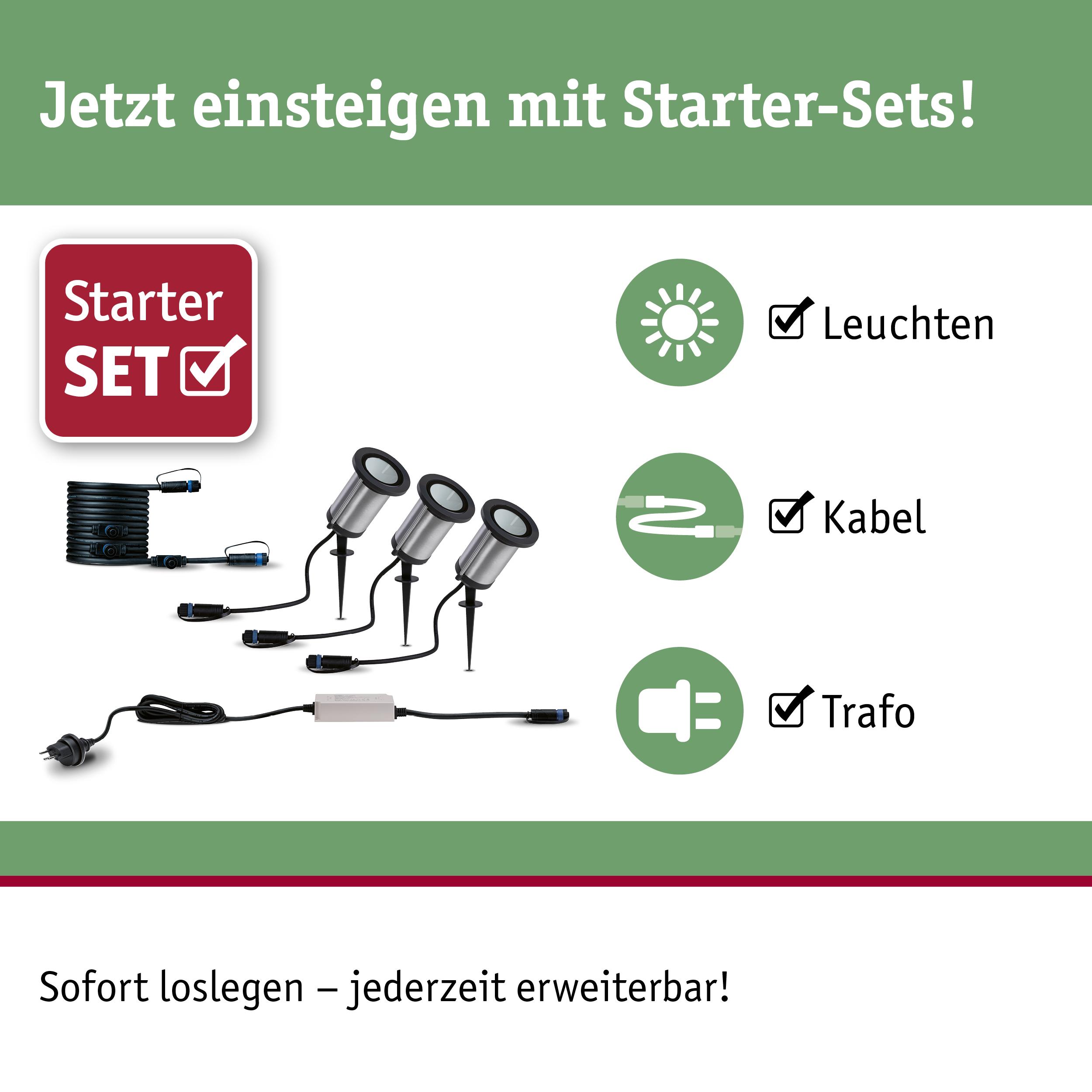 Starter-Set mit drei silbernen LED-Gartenleuchten, Kabel und Trafo für einfache Außenbeleuchtung