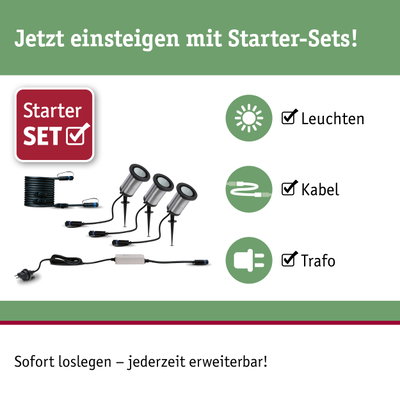 Starter-Set mit Edelstahl-Gartenleuchten, Kabel und Trafo für einfache Außenbeleuchtung