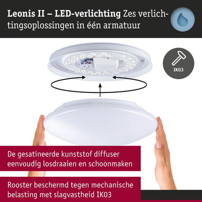 Leonis II LED-plafondlamp met witte kunststof diffuser en IK03 slagvastheid voor duurzame verlichting