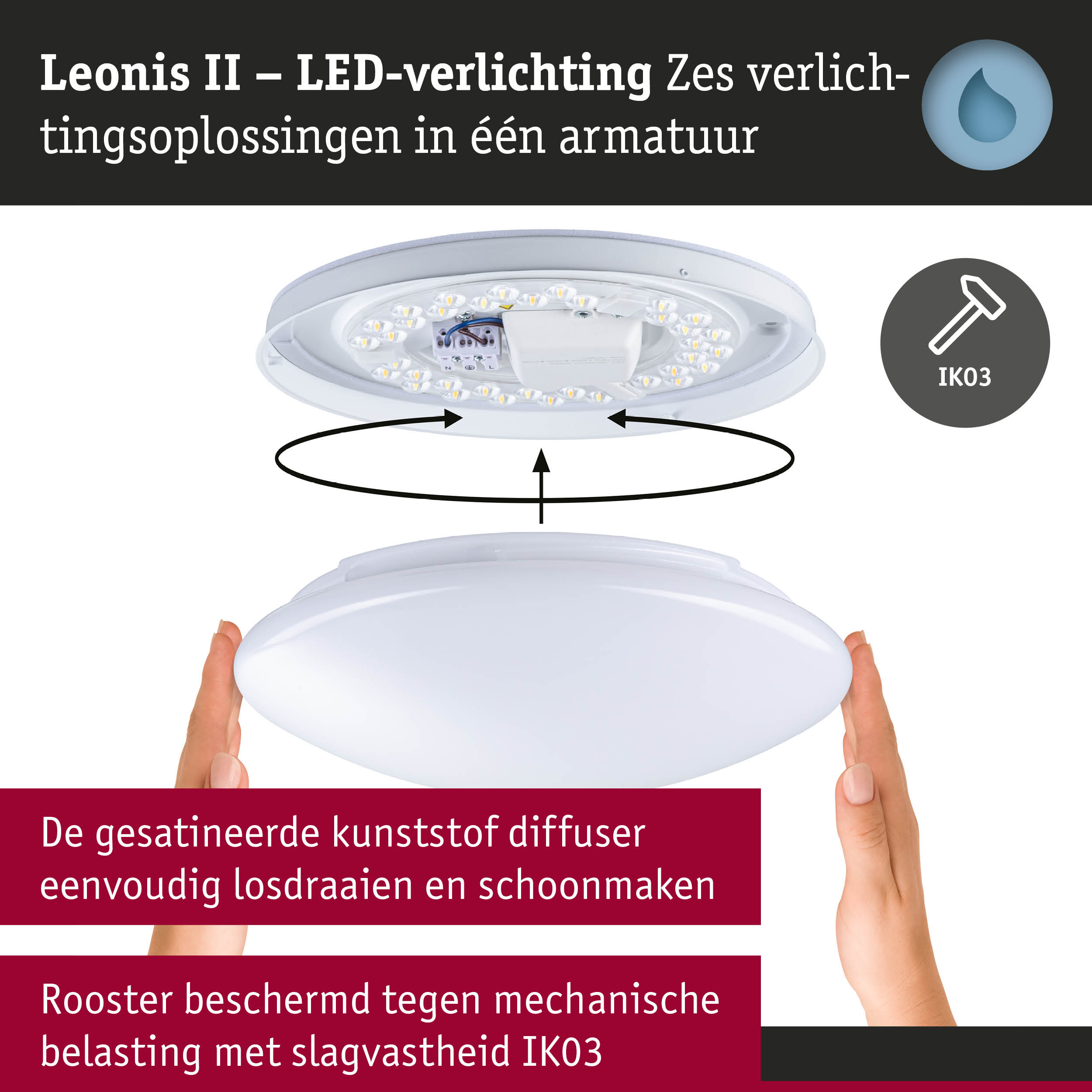 Leonis II LED-plafondlamp met witte kunststof diffuser en IK03 slagvastheid