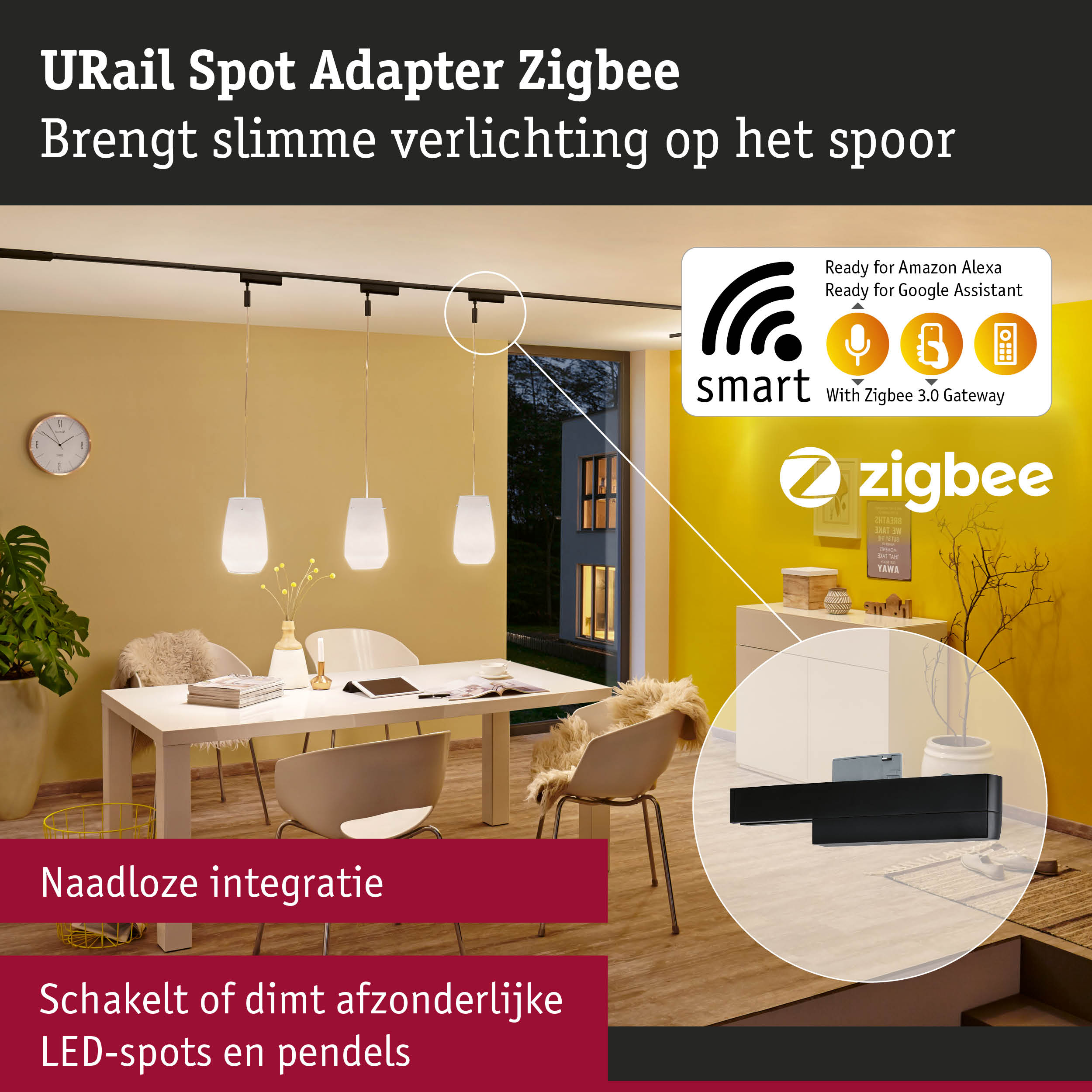 Zwarte URail Spot Adapter Zigbee voor slimme LED-spots en pendels met Alexa en Google bediening