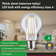 Clear LED bulb with warm white light and ultra-efficient energy technology against green forest background