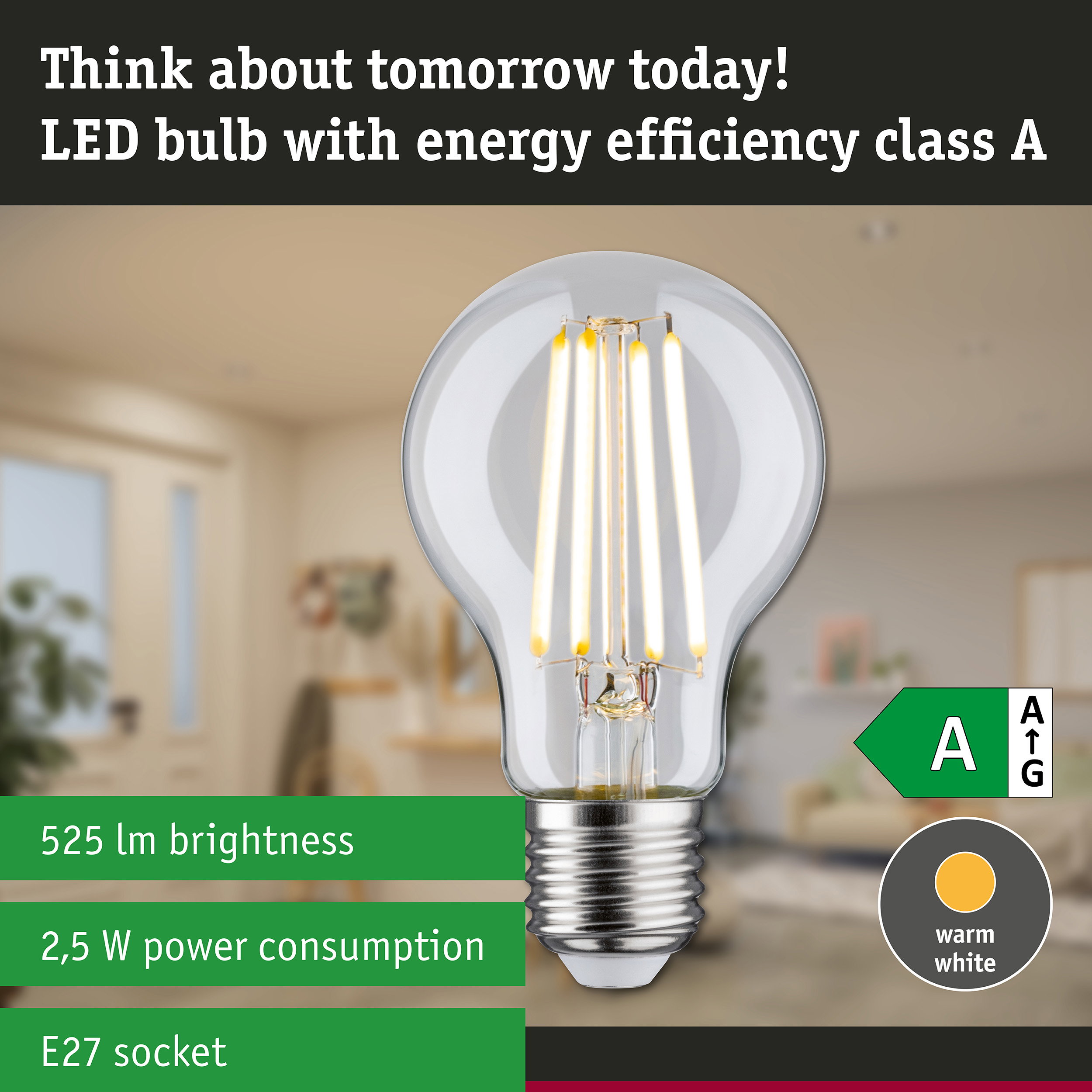 Clear LED bulb with warm white light and ultra-efficient energy technology against green forest background