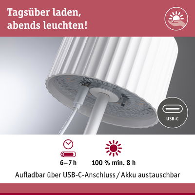 Weißer LED-Tischleuchte mit USB-C-Ladeanschluss und austauschbarem Akku, 6-7 Stunden Ladezeit