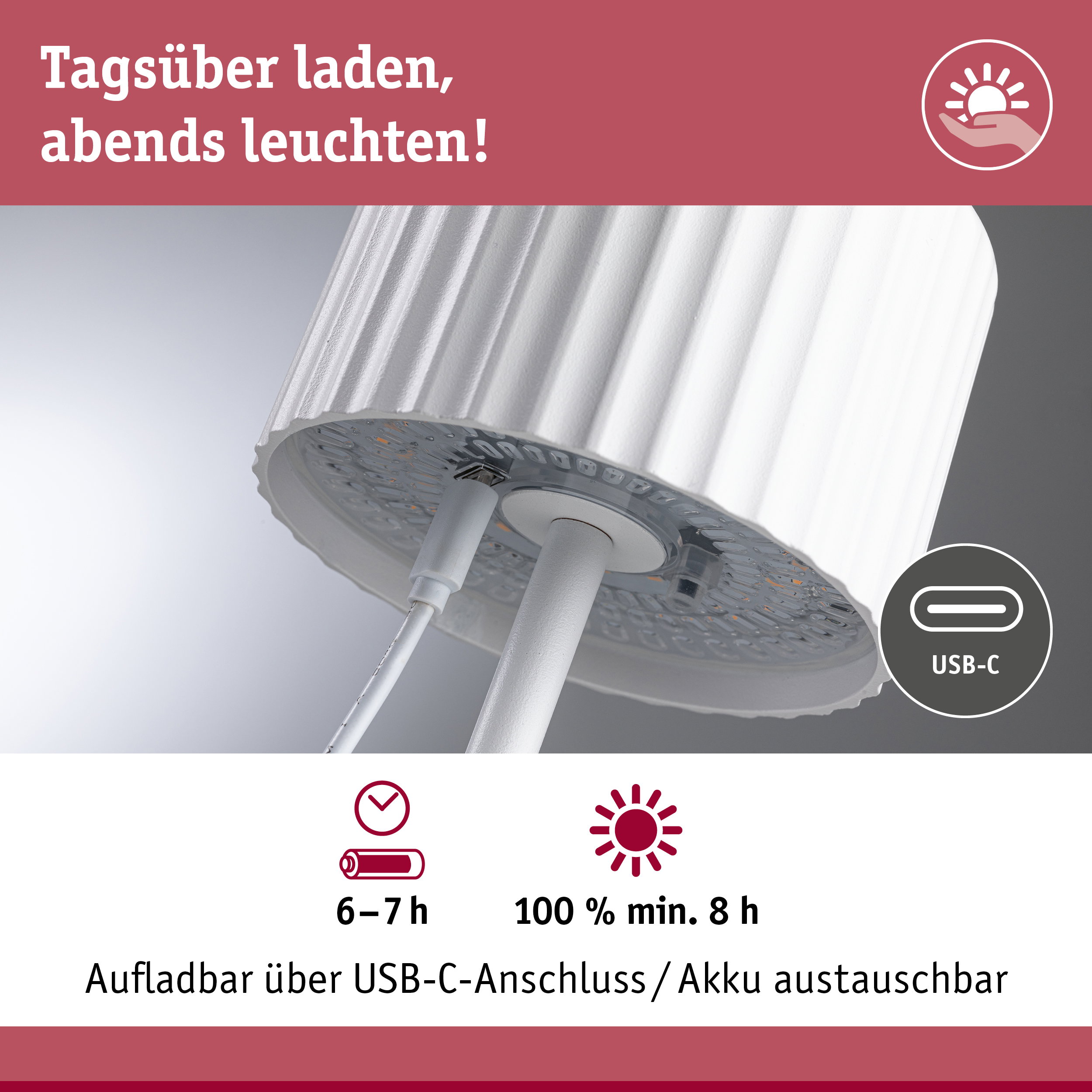 Weißer LED-Akku-Strahler mit USB-C-Ladeanschluss und austauschbarem Akku für flexible Beleuchtung