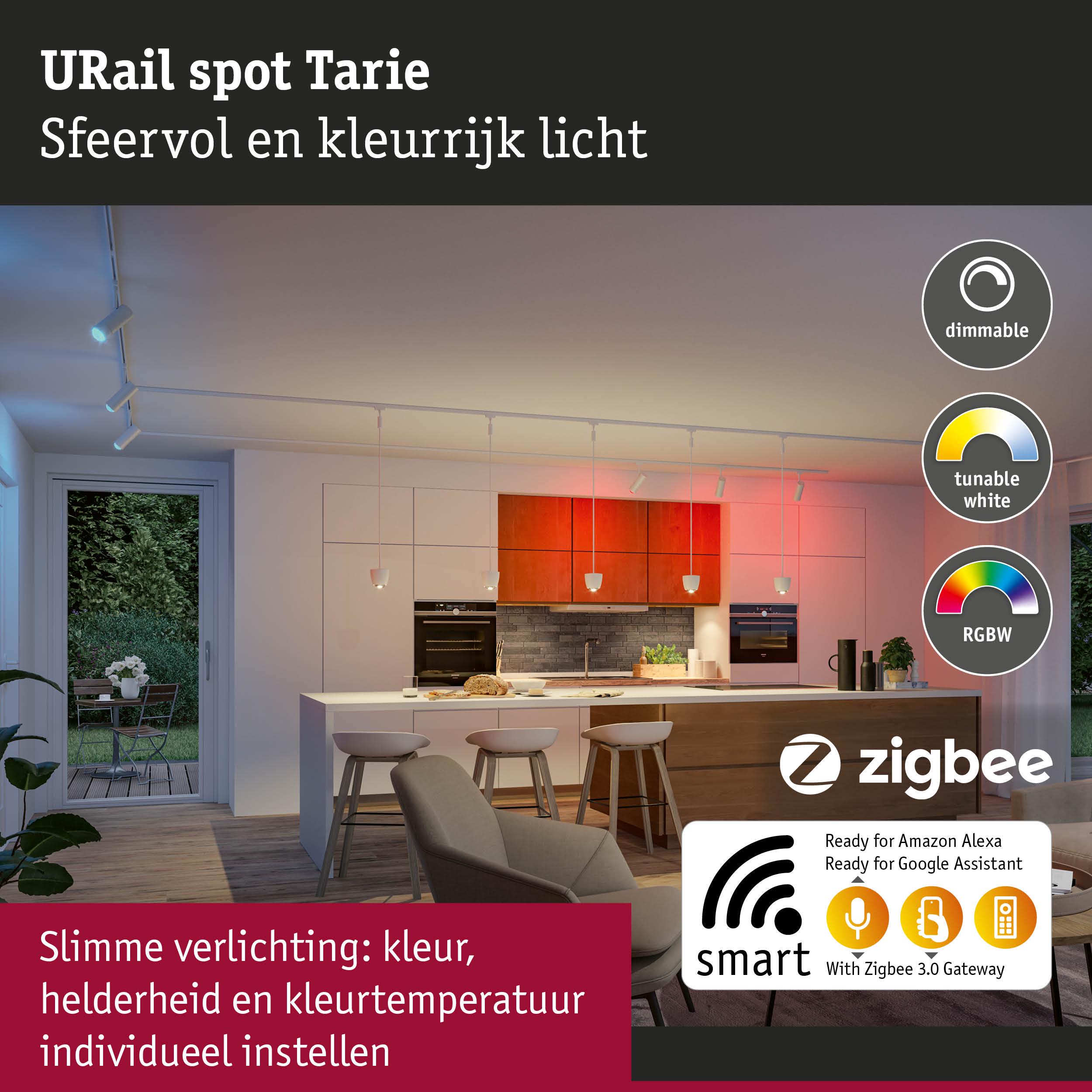 Moderne keuken met witte URail Spot Tarie LED-verlichting met RGBW en dimbare slimme bediening