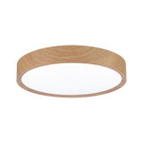 Round ceiling light with wood finish and white diffuser for modern LED lighting in living spaces