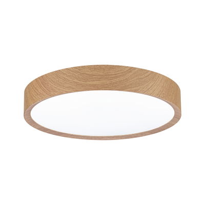 Round ceiling light with wood finish and white diffuser for modern LED lighting in living spaces